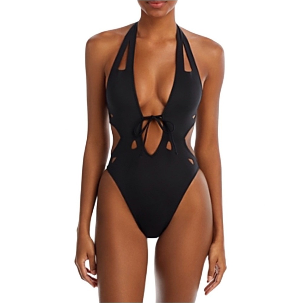 GIGI C Charlie One Piece‎ Swimsuit Women Small Black NWOT Plunging Cutout Halter